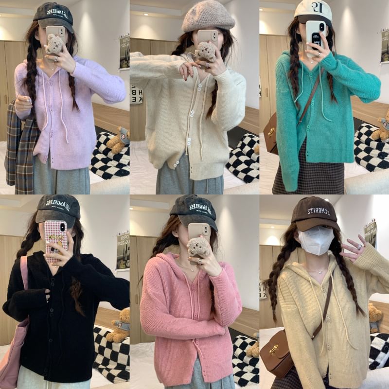 Button-Up Cardigan Plain Hooded