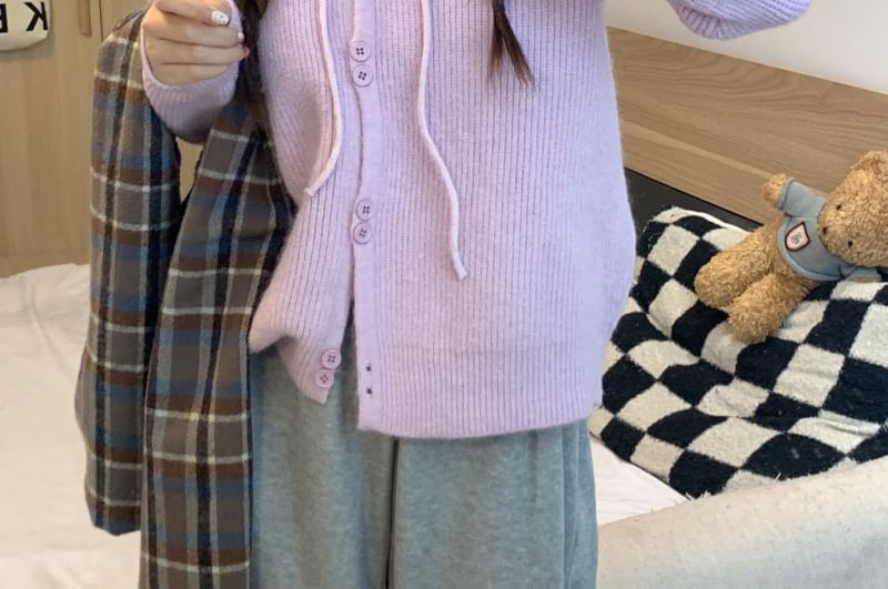 Button-Up Cardigan Plain Hooded