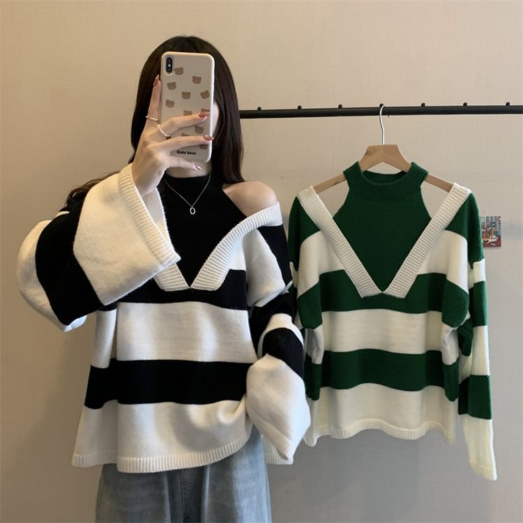 Two-Piece Sweater Striped Mock Long-Sleeve