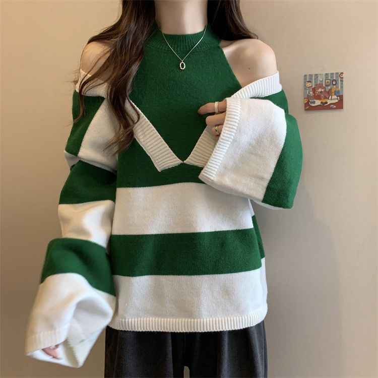 Two-Piece Sweater Striped Mock Long-Sleeve