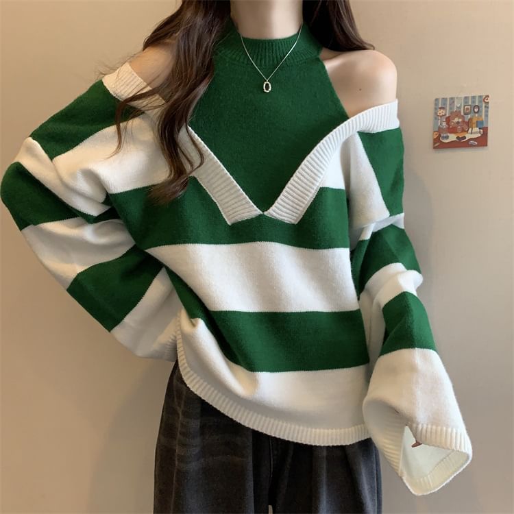 Two-Piece Sweater Striped Mock Long-Sleeve