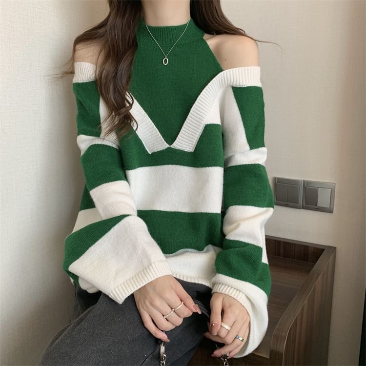 Two-Piece Sweater Striped Mock Long-Sleeve