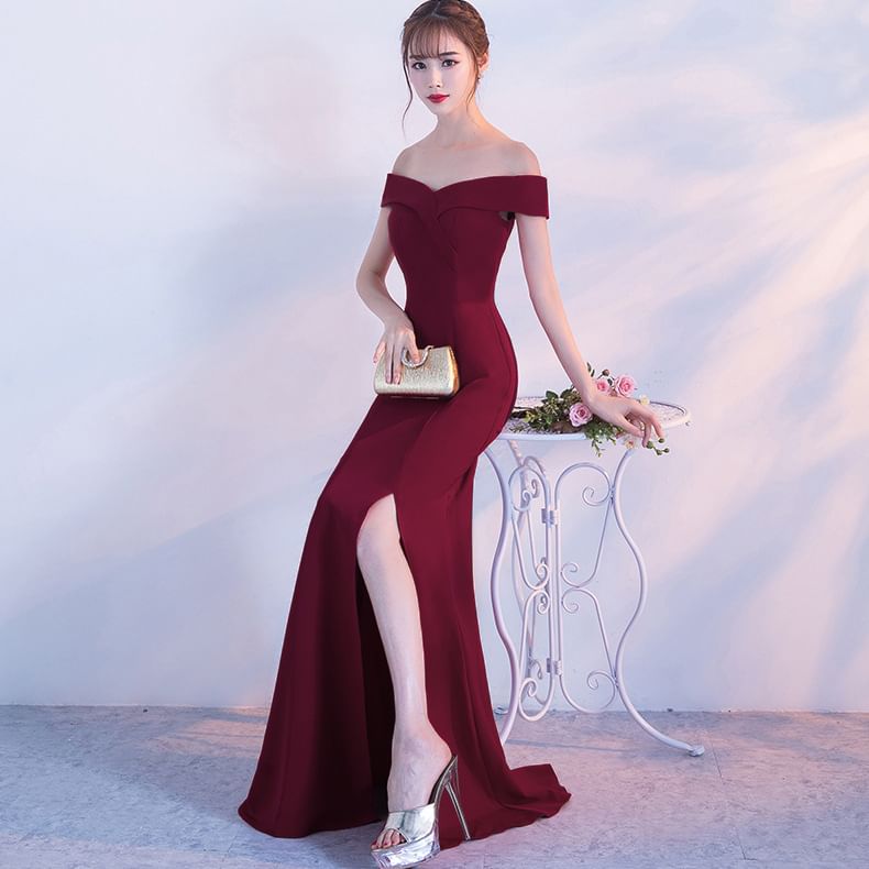 Plain Evening Gown Mermaid Side-Slit Off-Shoulder