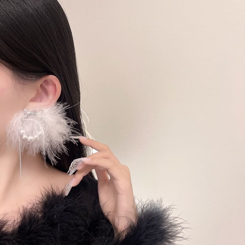 Faux Earring Stud Pearl Feather