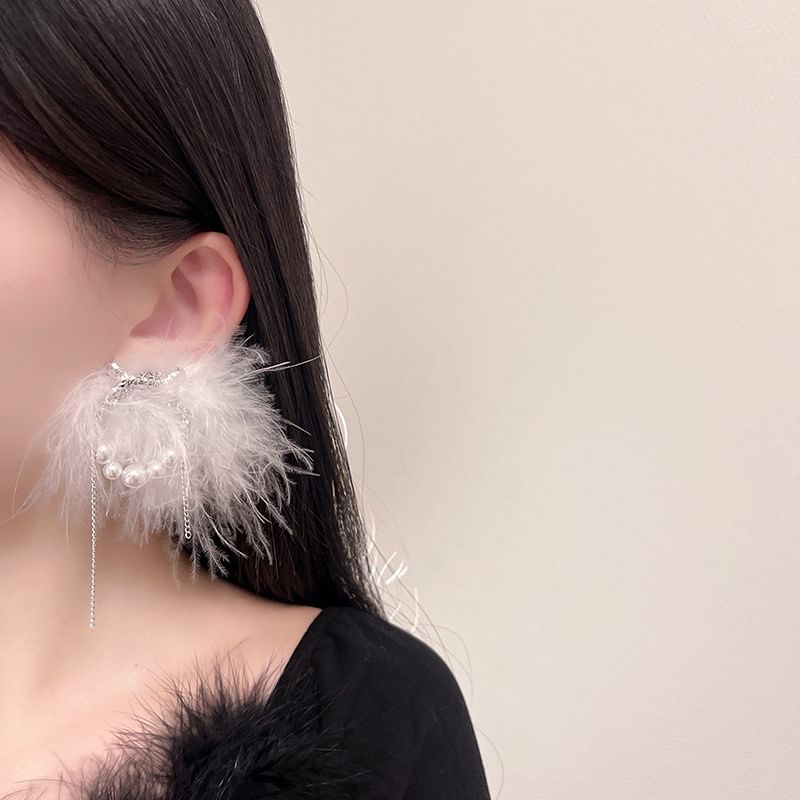 Faux Earring Stud Pearl Feather