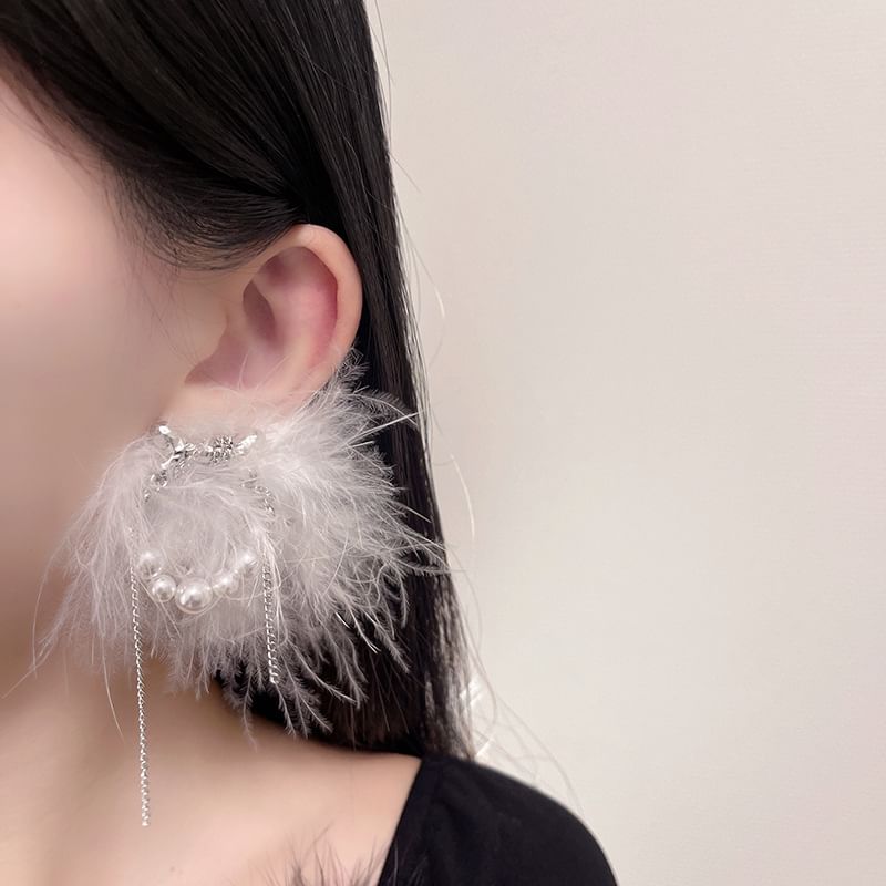 Faux Earring Stud Pearl Feather