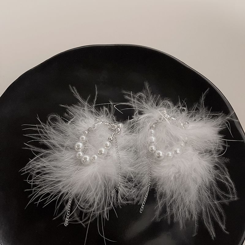 Faux Earring Stud Pearl Feather