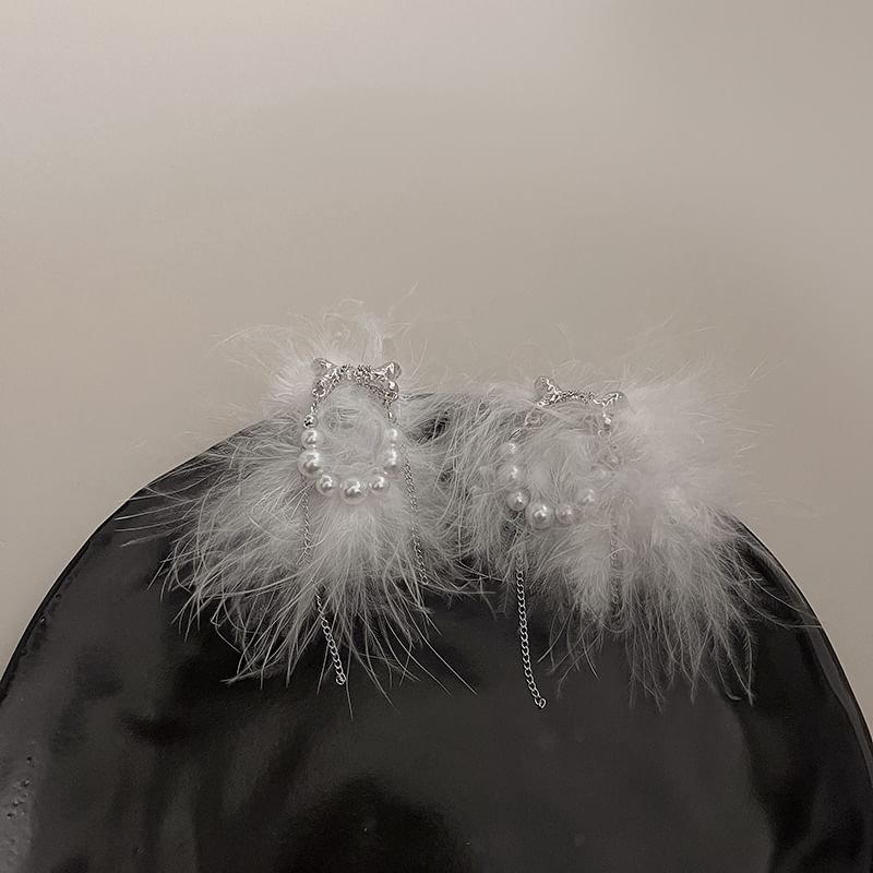 Faux Earring Stud Pearl Feather