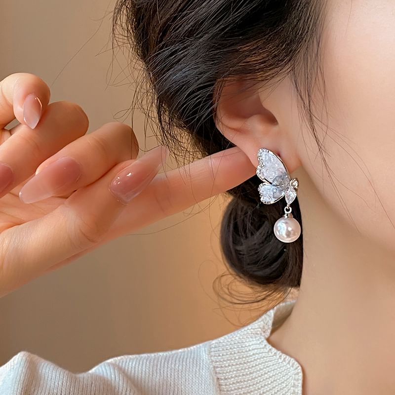 Crystal Butterfly Faux Earring Pearl Alloy Drop