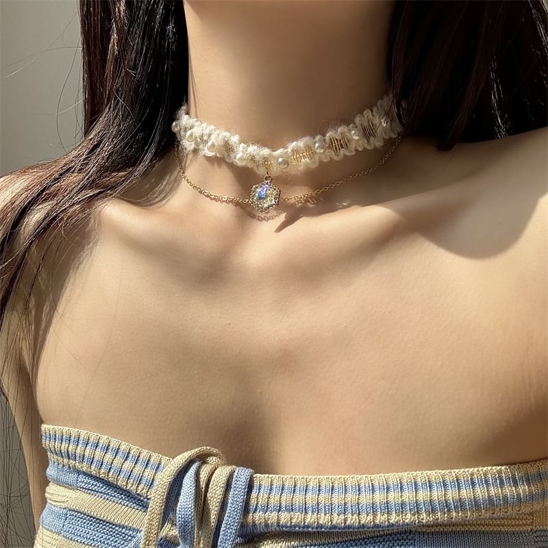 Choker Alloy Yarn Layered Rhinestone