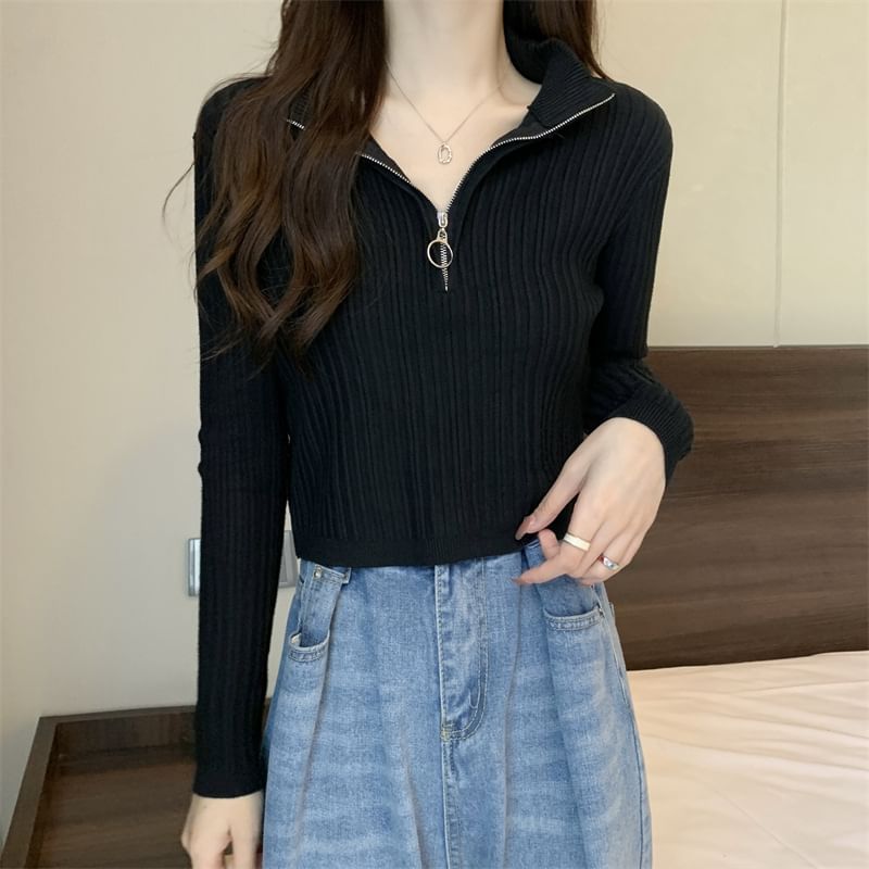 Long-Sleeve Plain Slim-Fit Knit Mock-Neck Half Zip Top