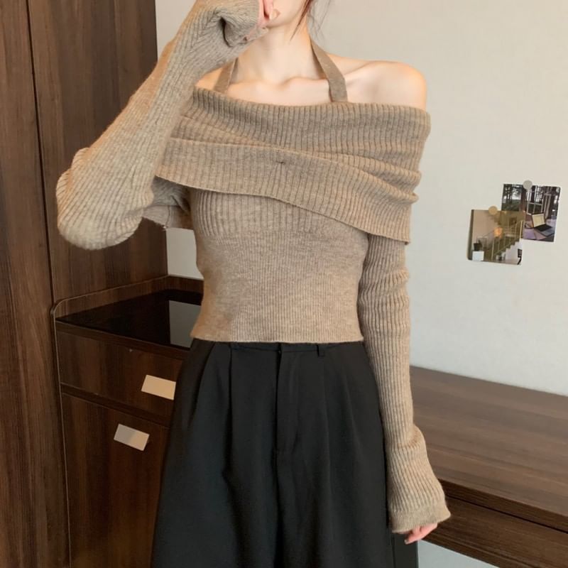 Halter Long-Sleeve Sweater Off-Shoulder