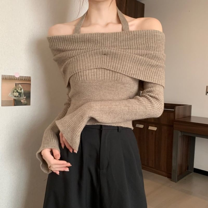 Halter Long-Sleeve Sweater Off-Shoulder