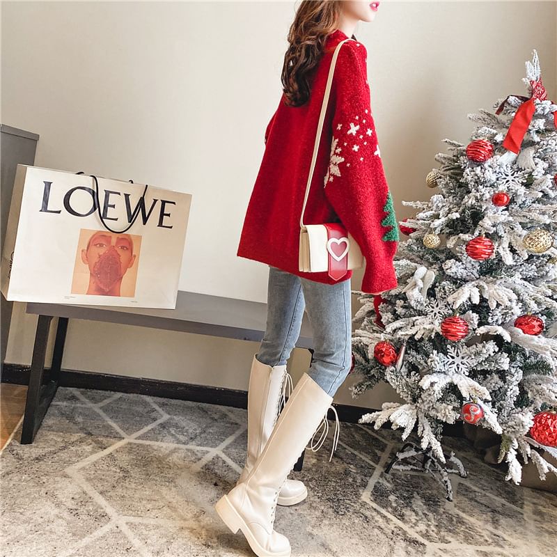 Crew Jacquard Neck Christmas Sweater Tree