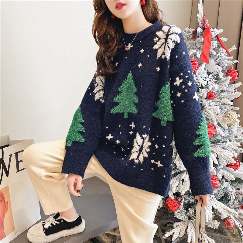 Crew Jacquard Neck Christmas Sweater Tree
