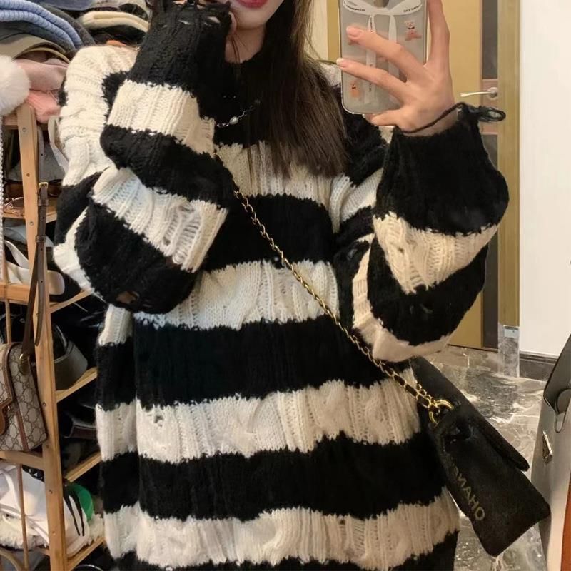 Knit Neck Sweater Distressed Striped Crew Cable