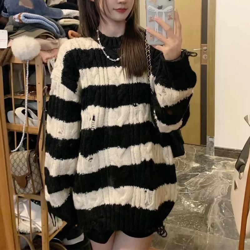 Knit Neck Sweater Distressed Striped Crew Cable