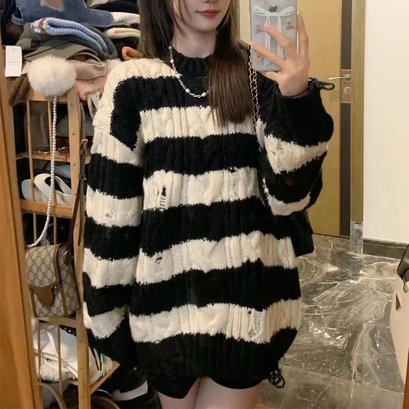 Knit Neck Sweater Distressed Striped Crew Cable