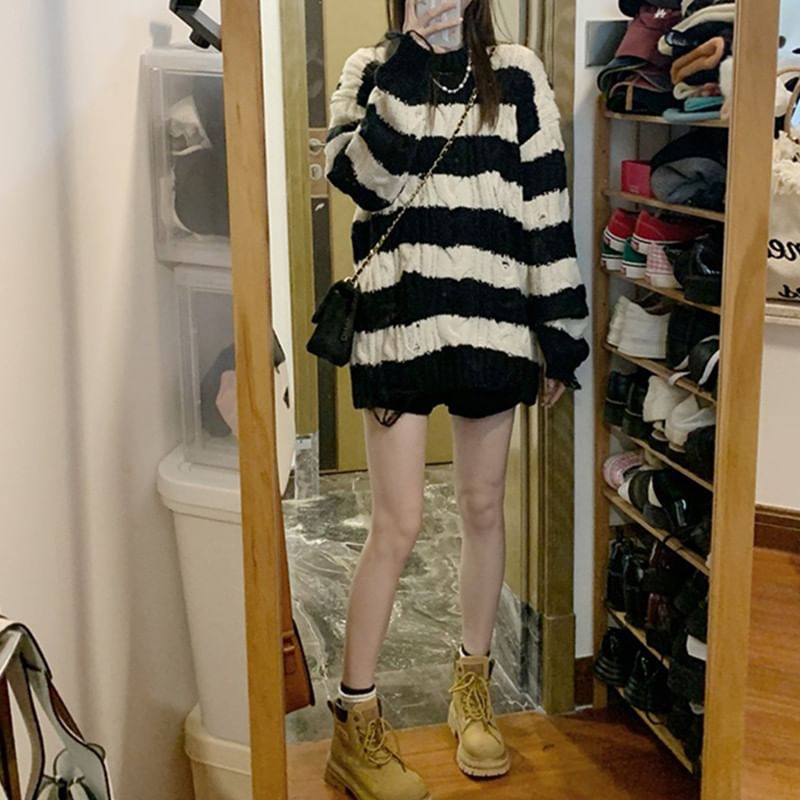 Knit Neck Sweater Distressed Striped Crew Cable