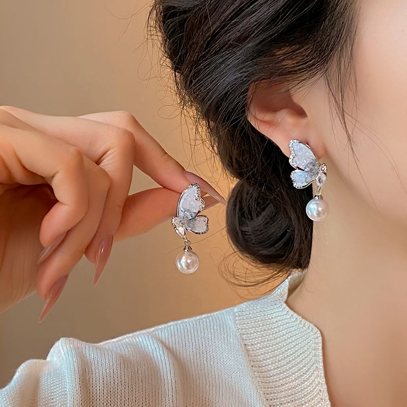 Crystal Butterfly Faux Earring Pearl Alloy Drop