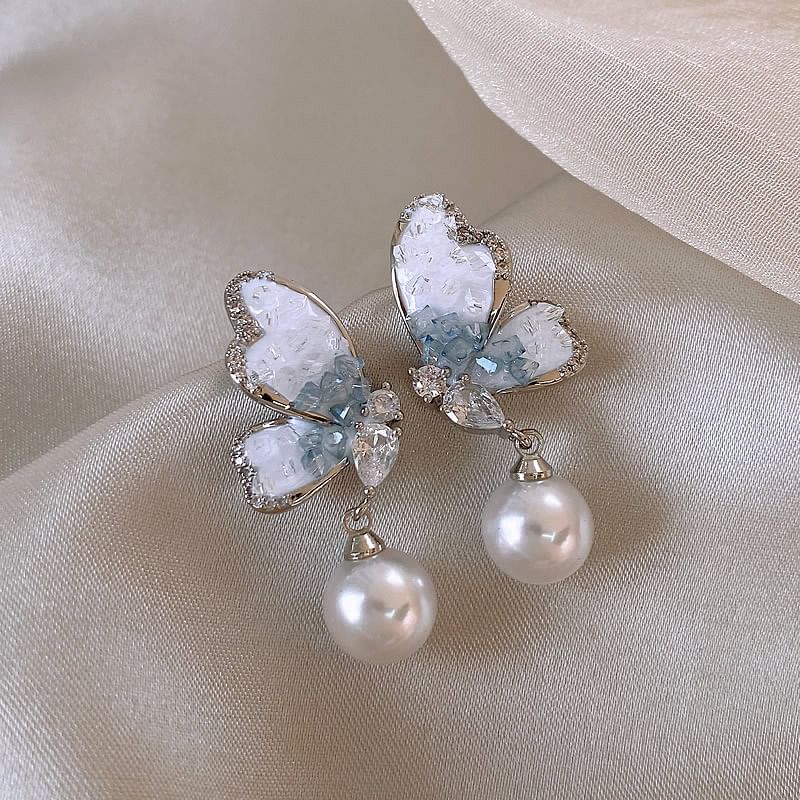 Crystal Butterfly Faux Earring Pearl Alloy Drop