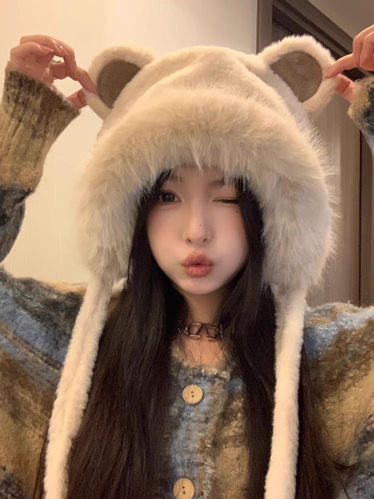 Ear Hat Fluffy Bear Bonnet