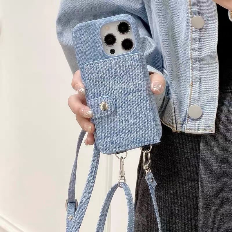 Denim Phone Card Holder Case Lanyard