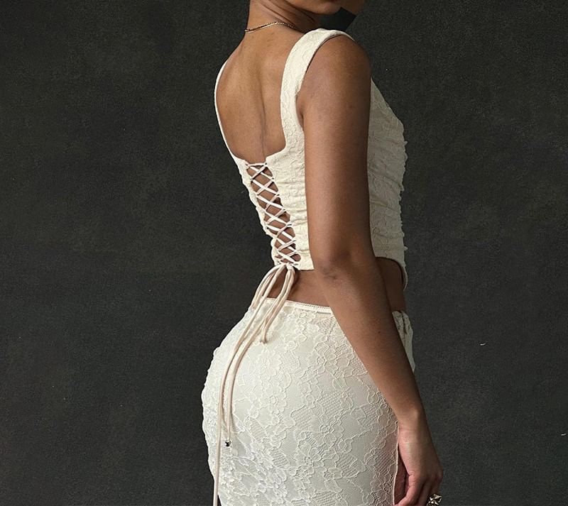 Tank / Top High Square Maxi Neck Plain Crop Lace Mermaid Waist Skirt