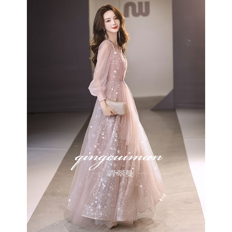 Gown Evening Long-Sleeve Mesh V-Neck Sequin A-Line