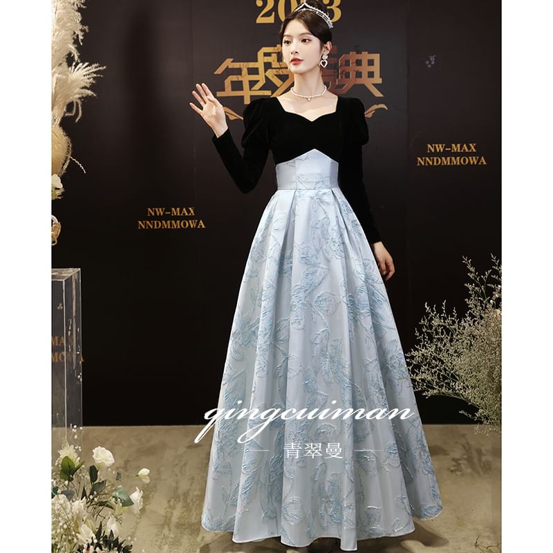 Two Tone Evening Jacquard Long-Sleeve A-Line Gown V-Neck Floral
