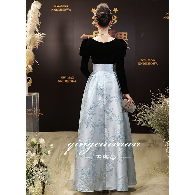 Two Tone Evening Jacquard Long-Sleeve A-Line Gown V-Neck Floral
