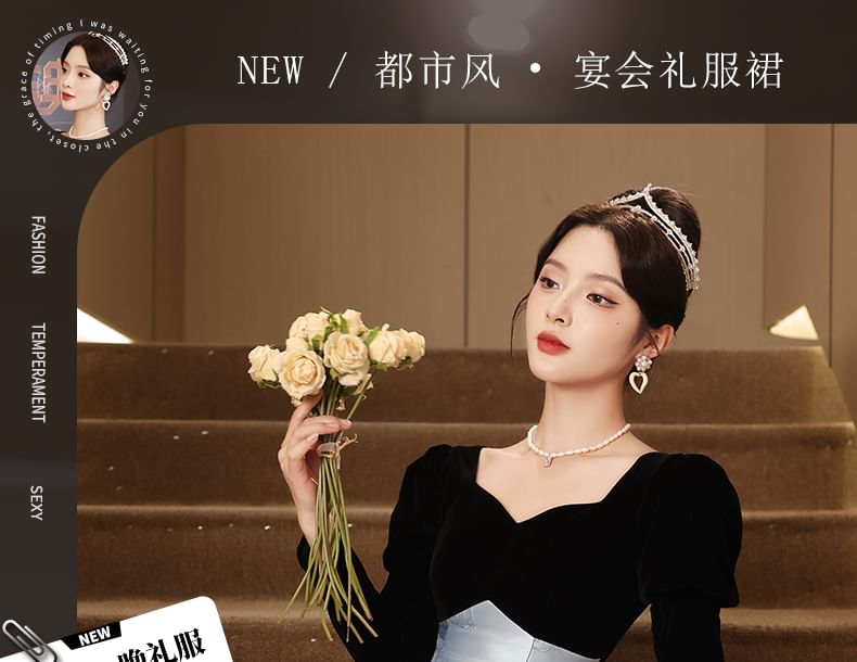 Two Tone Evening Jacquard Long-Sleeve A-Line Gown V-Neck Floral