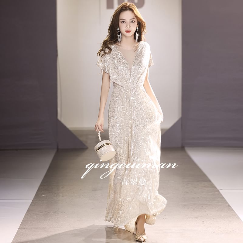 A-Line Plain Sequin V-Neck Gown Evening Short-Sleeve