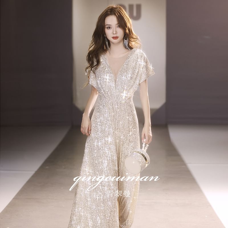A-Line Plain Sequin V-Neck Gown Evening Short-Sleeve