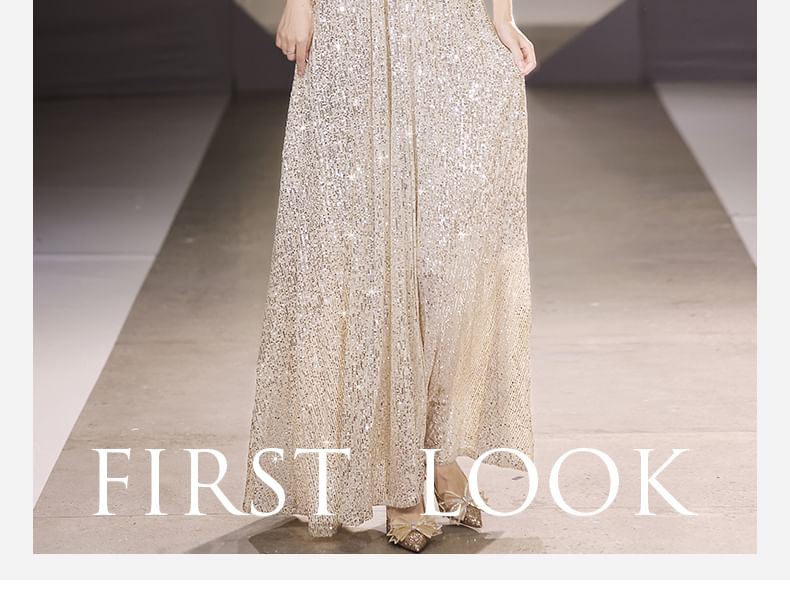 A-Line Plain Sequin V-Neck Gown Evening Short-Sleeve