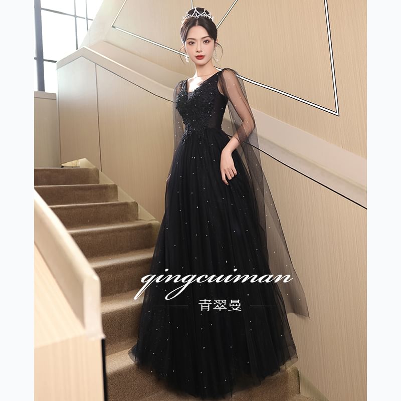 Sleeveless V-Neck Mesh Panel Floral Accent Sequin A-Line Evening Gown