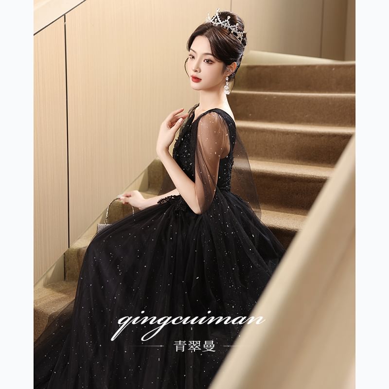 Sleeveless V-Neck Mesh Panel Floral Accent Sequin A-Line Evening Gown