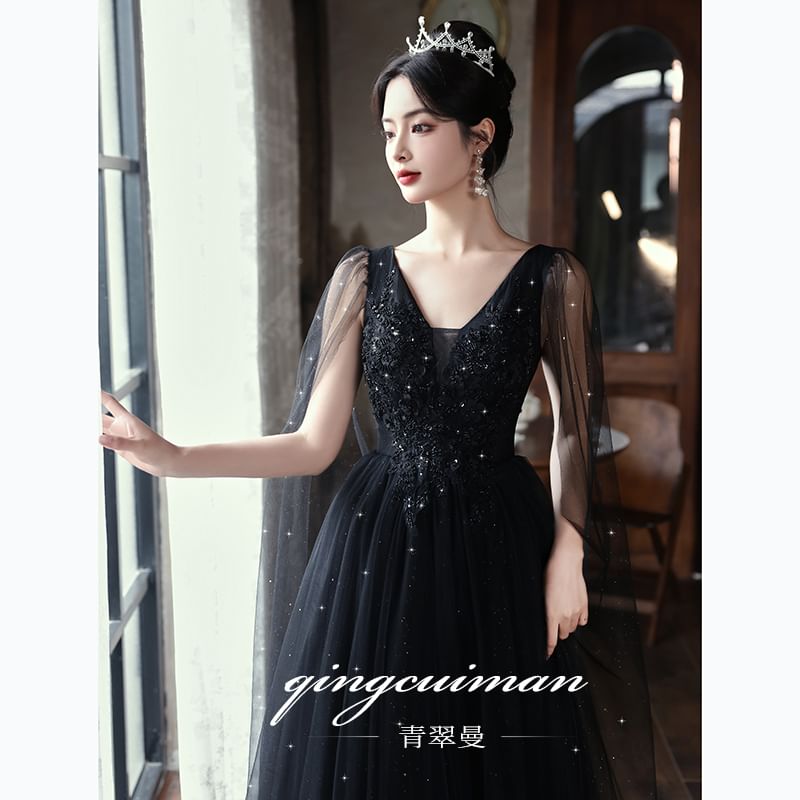 Sleeveless V-Neck Mesh Panel Floral Accent Sequin A-Line Evening Gown