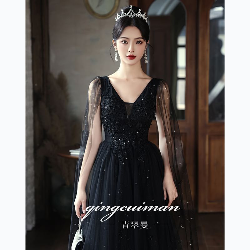 Sleeveless V-Neck Mesh Panel Floral Accent Sequin A-Line Evening Gown