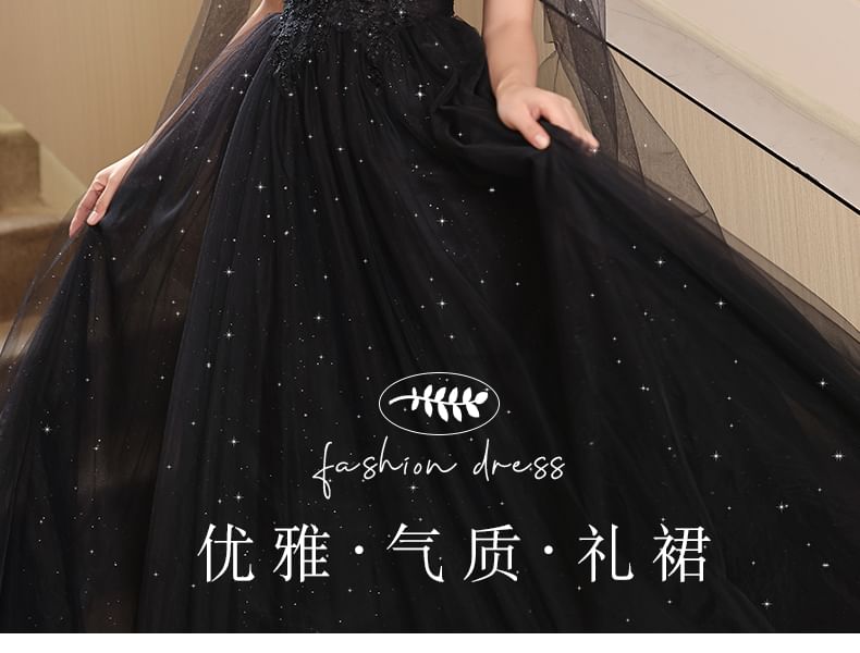 Sleeveless V-Neck Mesh Panel Floral Accent Sequin A-Line Evening Gown