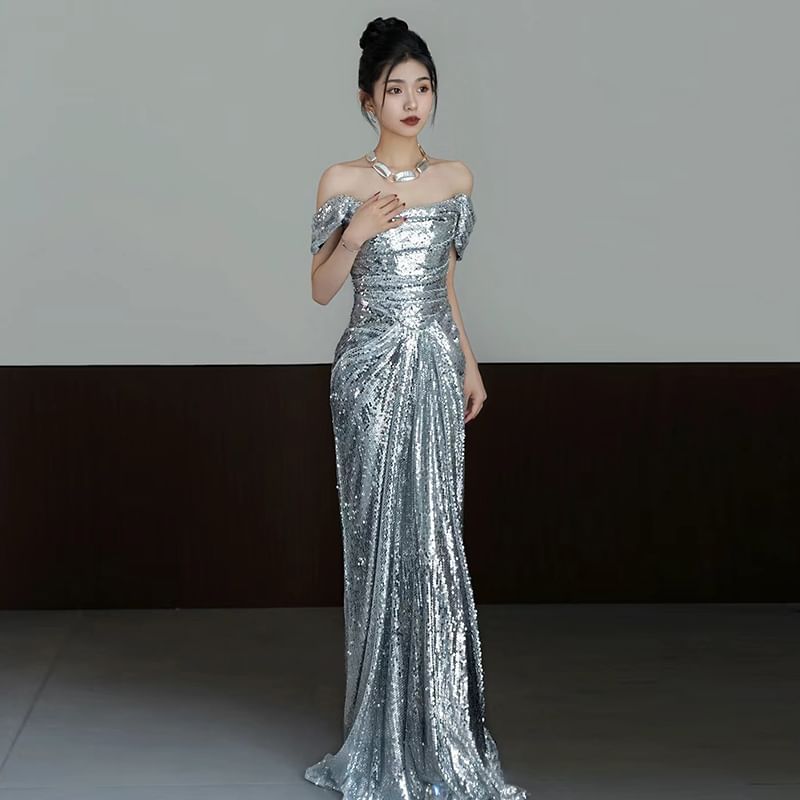 Off-Shoulder Plain Sequin Ruched Mermaid Evening Gown