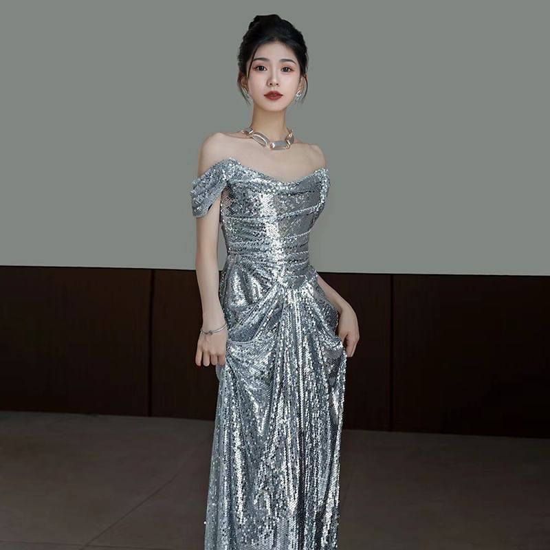 Off-Shoulder Plain Gown Ruched Mermaid Evening Sequin