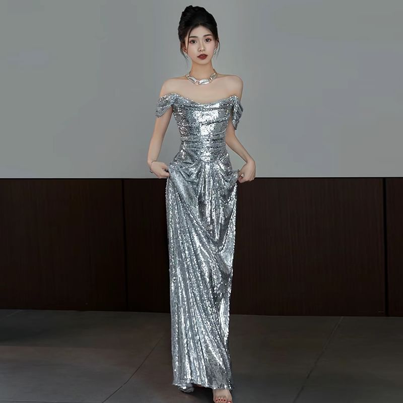 Off-Shoulder Plain Gown Ruched Mermaid Evening Sequin