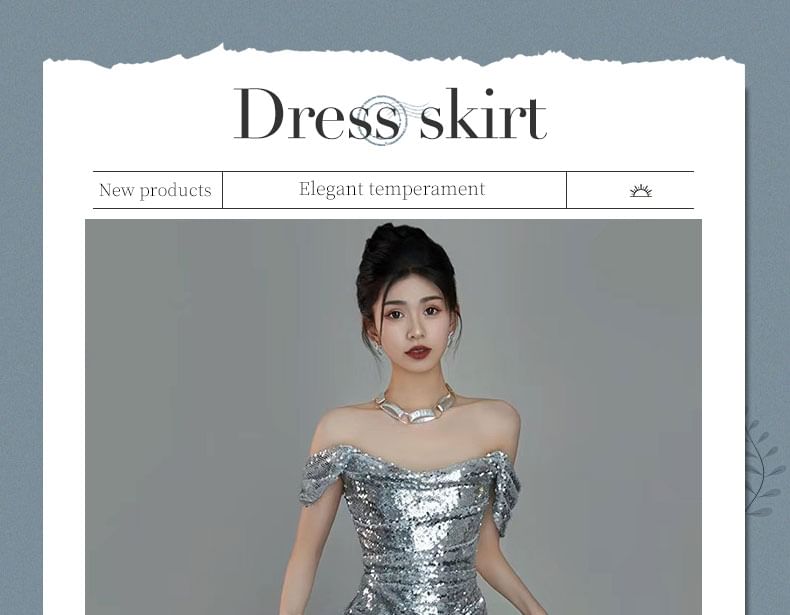 Off-Shoulder Plain Gown Ruched Mermaid Evening Sequin