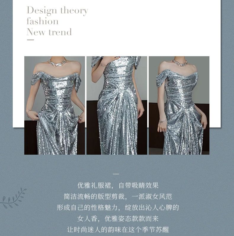 Off-Shoulder Plain Gown Ruched Mermaid Evening Sequin