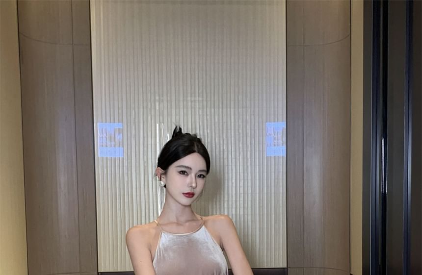 Velvet Maxi Dress Halter A-Line Neck