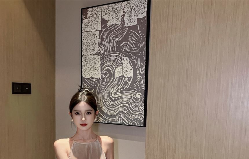 Velvet Maxi Dress Halter A-Line Neck