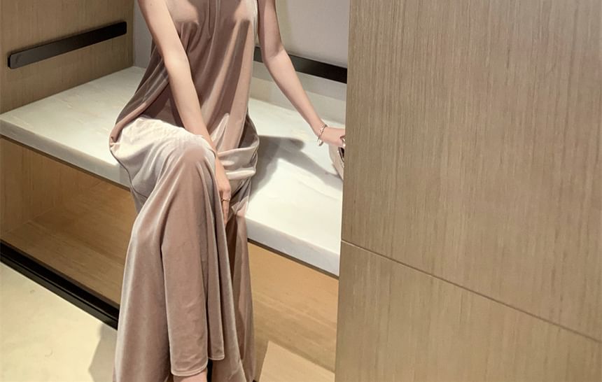 Velvet Maxi Dress Halter A-Line Neck