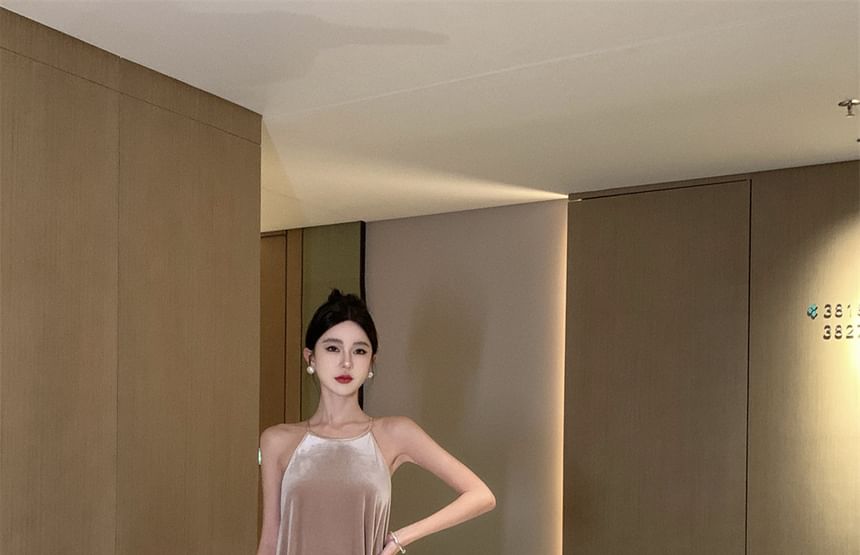 Velvet Maxi Dress Halter A-Line Neck