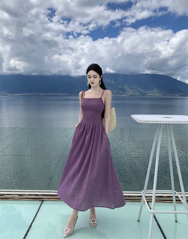 Plain Dress A-Line Spaghetti Strap Midi